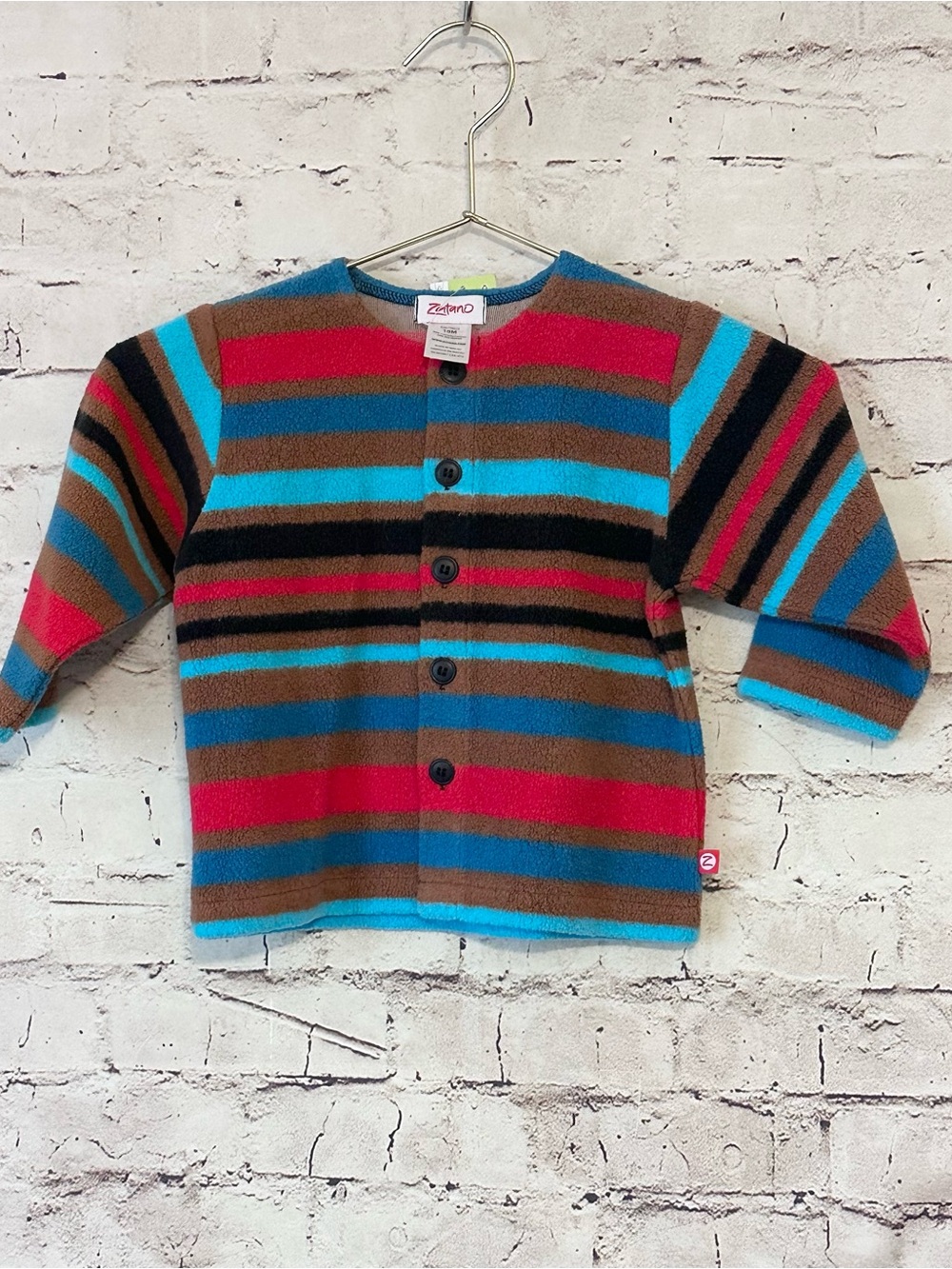 Zutano Brown, Turquoise & Red Striped Fleece Button Cardigan NWT